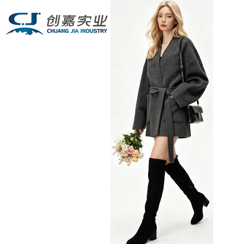 

Double Face Alpaca Women Coat Autumn Winter Dark Grey Wool Lace-up Coat Temperament Simple Fashion Street Wear Soft Comfortable