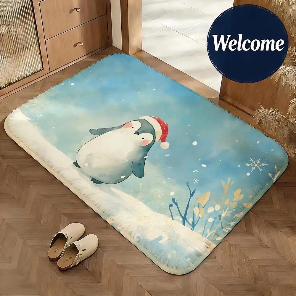 Soft Flannel Floor Mat Animal Penguin Floor Mat Non-Slip Absorbent Doormat Bathroom Bedroom Home Decor Rug