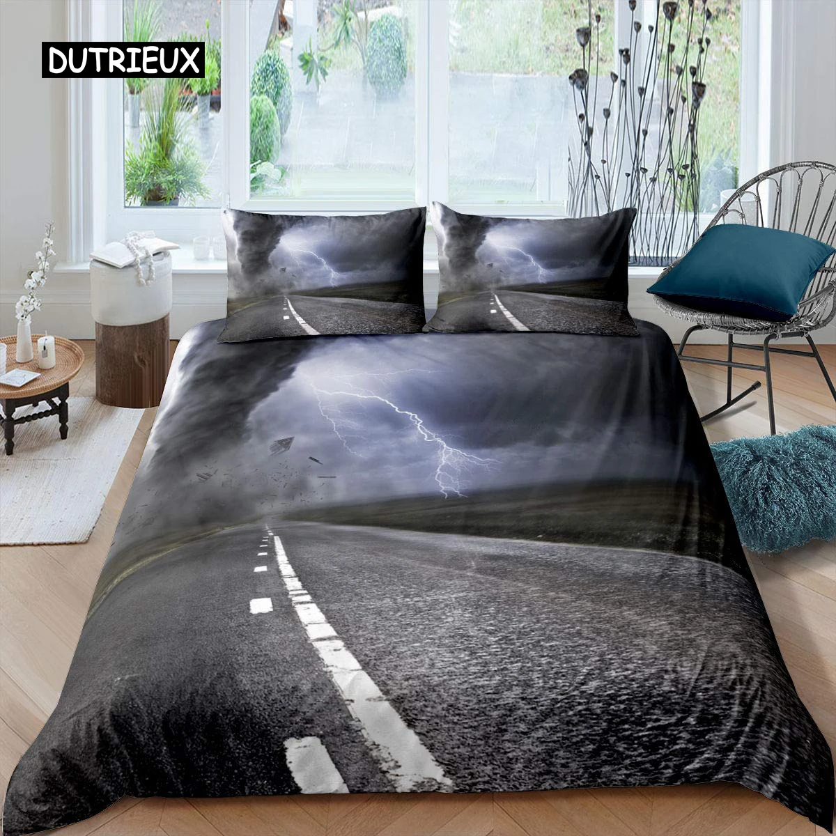 

Highway Duvet Cover Set Tornado Lightning Bedding Set Disaster Queen King 2/3 Pcs Polyester Quilt Cover for Adults Boys Teens