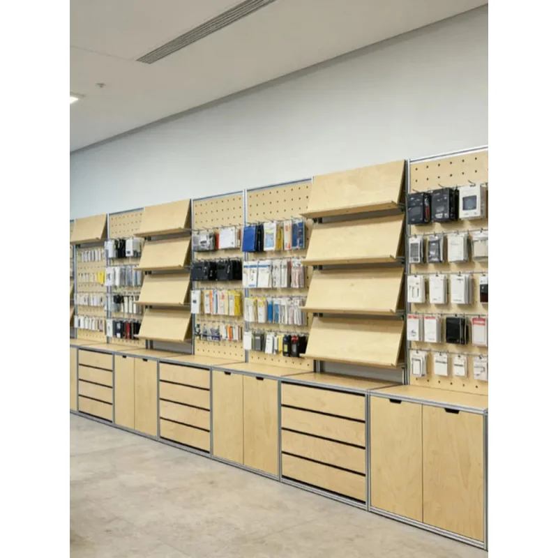 custom.Aluminum Profile Birch Wood Marine-Grade 3-Shelf Movable Floor-Standing Full-Screen Display Rack Shelving Unit Superm