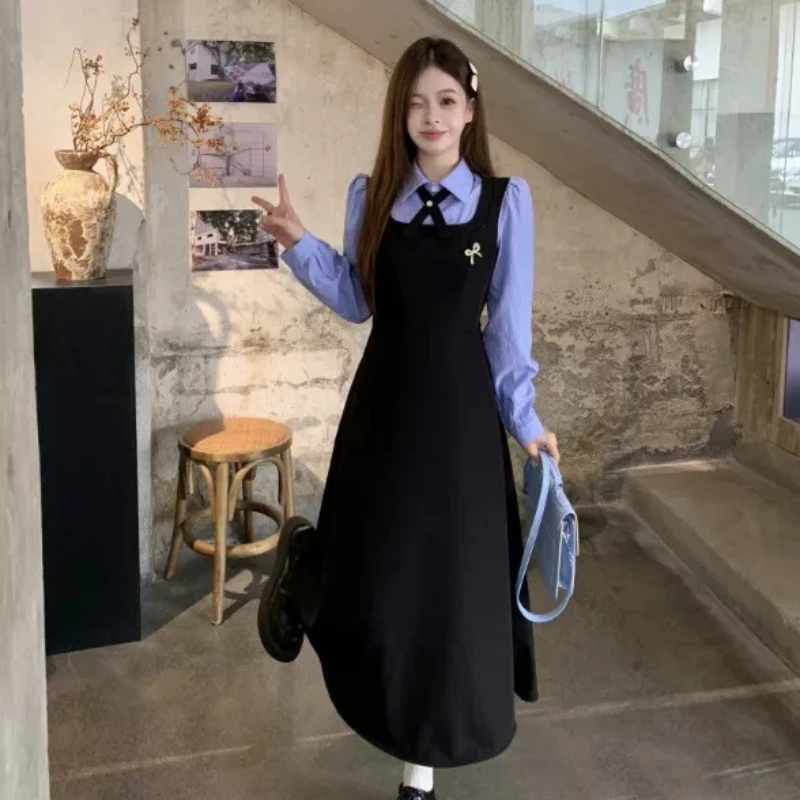 plus Size Academy Style Fake Two-Piece Dress Slimming Waist Design Color Block Long Skirt Autumn New Arrival Women's Fashion
