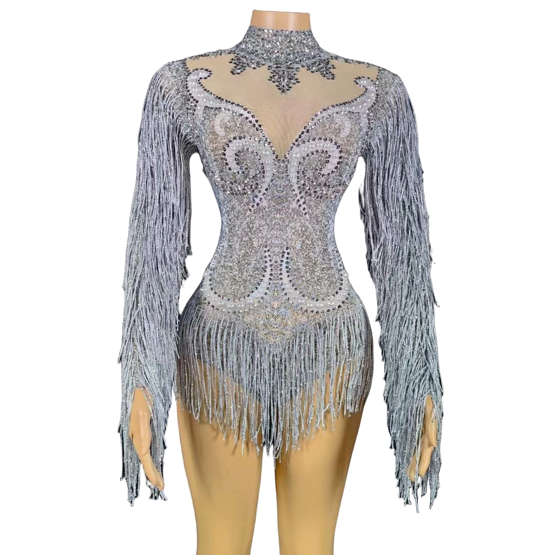 

Women Rhinestone Tassel Sparkly Stage Wear Singer Dancer Bodysuits Latin Chacha Jazz Stretch Night Club Drag Queen Costume