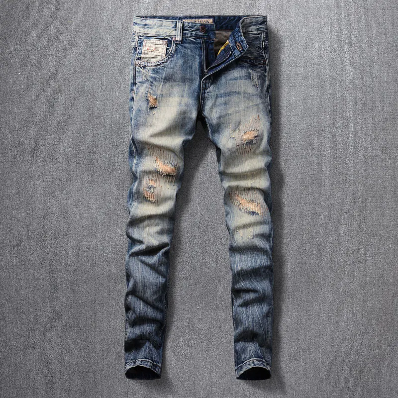 

Street Fashion Men Jeans Retro Washed Blue Slim Fit Embroidery Patched Ripped Jeans Men Vintage Designer Denim Pants Hombre