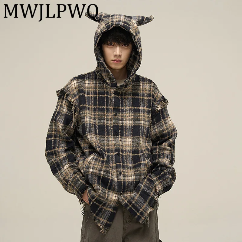 

MWJLPWQ Rough Edge Niched Design Plaid Hooded Jacket Men's High Street Long Sleeve Casual Loose Tops 2025 Autumn Fashion 11873