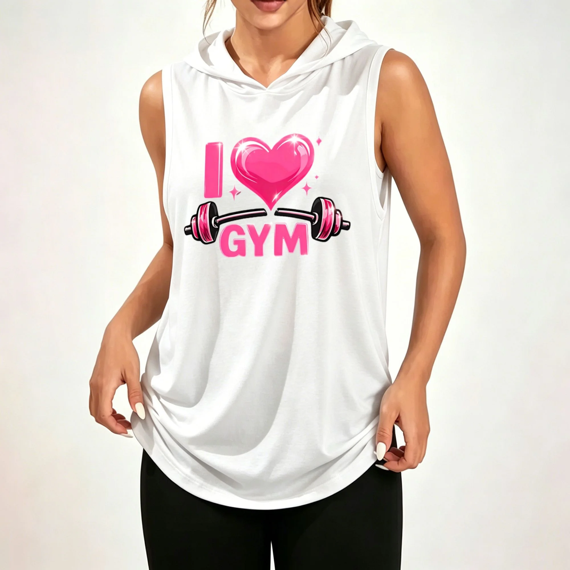"I Love Gym" Women's Sleeveless Hoodie – Pink Heart & Barbell Glitter Graphic, 100% Polyester, Loose-Fit Casual Athletic Top