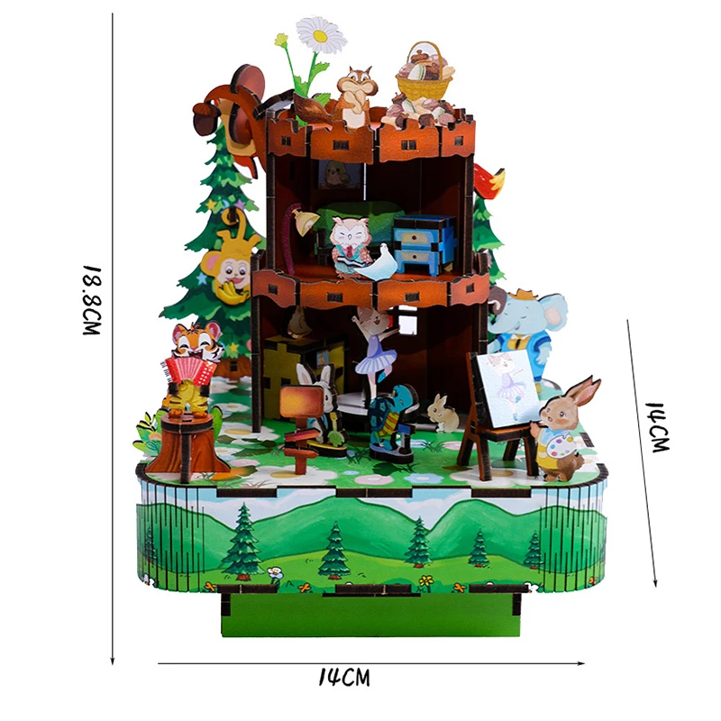 Caja de música de bosque de animales de madera 3D DIY, Kits de modelos en miniatura, rompecabezas que se puede mover para amigos, regalos de cumpleaños, decoración del hogar