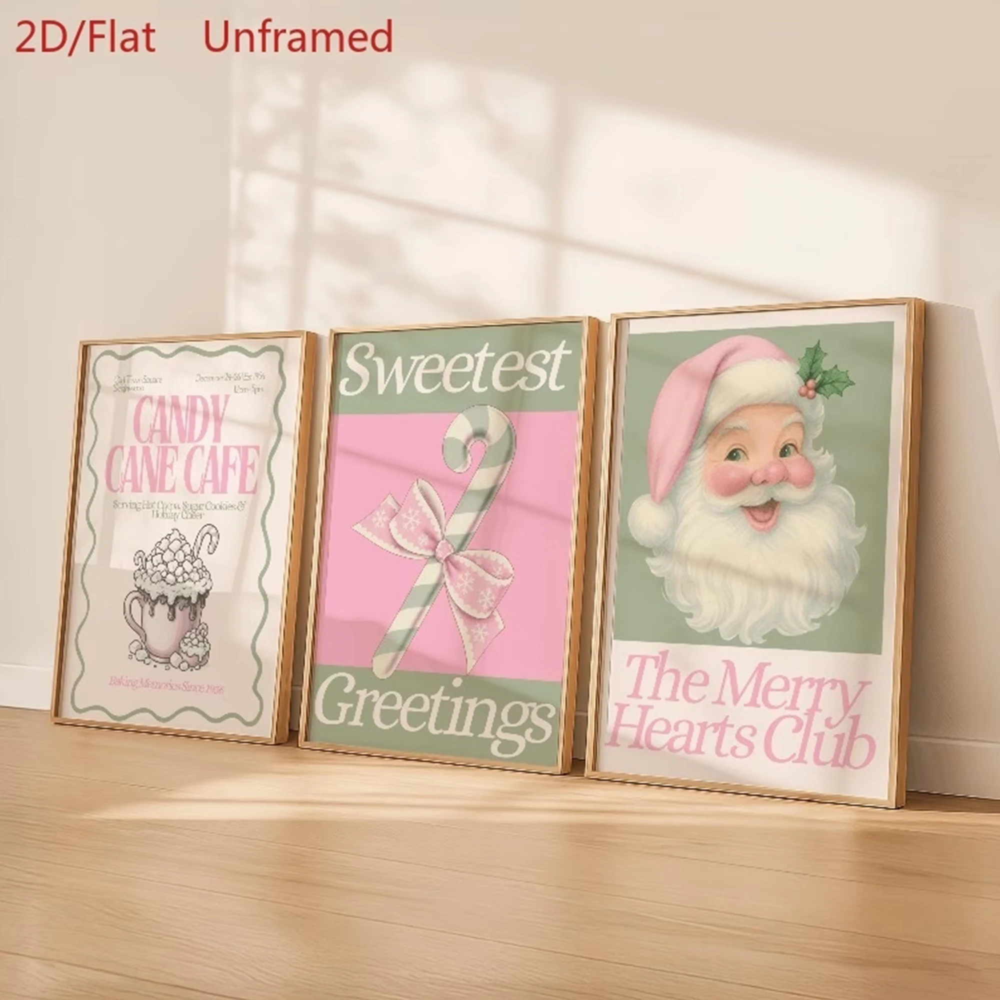 3pcs Modern Pink Santa With Hot Cocoa Wall Art Print Canvas Painting Poster Picture For Living Room,Bedroom Home Decor