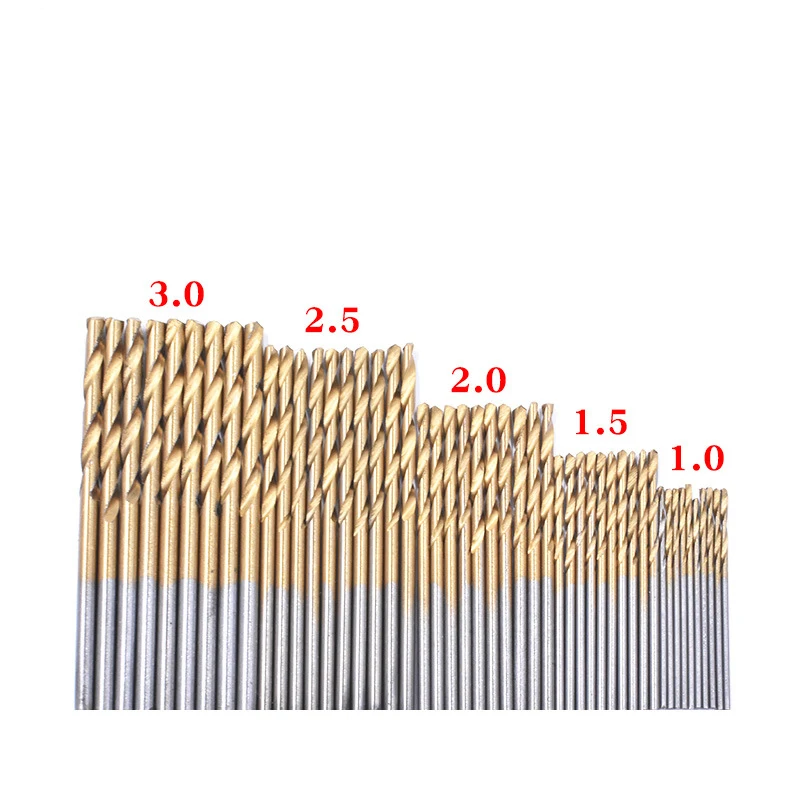 HSS Titanium Coated Drill Bits Set, High Speed, Steel, Power Tool for Woodworking, Plástico, Alumínio, 1mm, 1.5mm, 2mm, 2.5mm, 3mm, 50Pcs