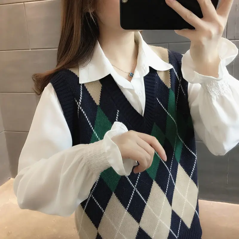 Women's Autumn Winter 2023 New Sleeveless Striped Sweater Argyle Loose V-neck Pullover Casual All-match Vest Knitted Tank Tops