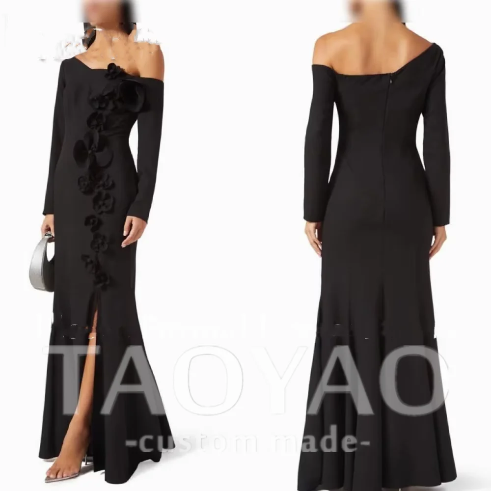 

Customized One Shoulder Black Stain Side Silt Solid Color 3D Flowers Zipper Back Long Sleeves Floor Length Robe De Soriee