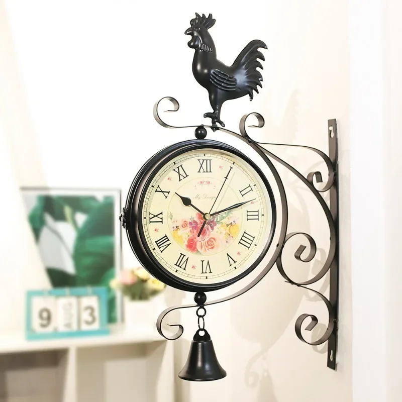 

European Style Wall Clock Creative Double Sided Silent Clock Vintage Wrought Iron Home Decoration Study Entrance Station Clocks