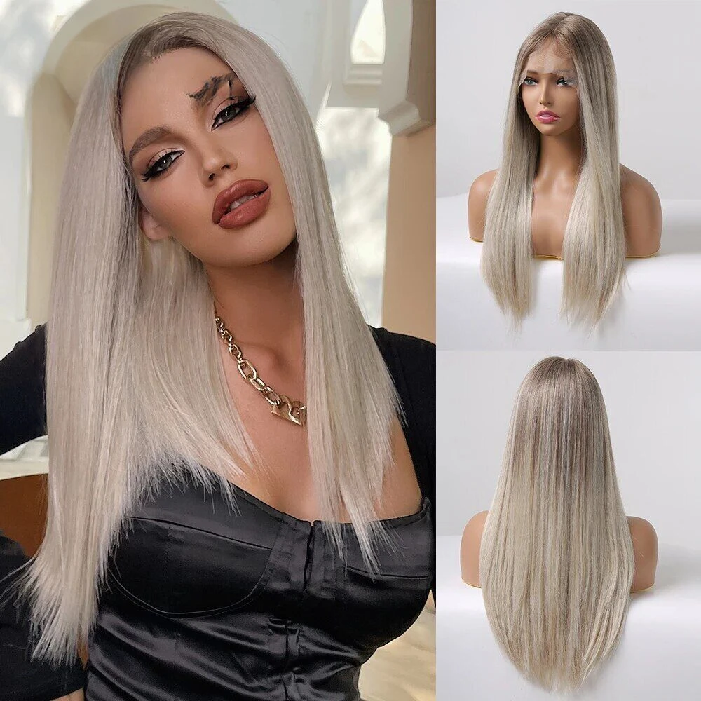 ALAN EATON Long PlatinumBlonde Straight Lace Front Wigs Synthetic Wig for Women