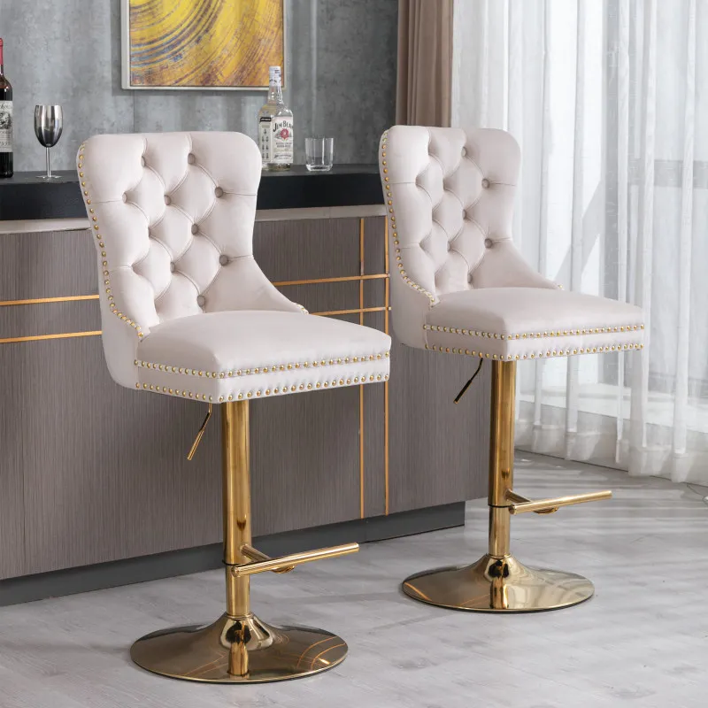 Beige Set of 2,Thick Golden Swivel Velvet Barstools Adjusatble Seat Height, Upholstered Bar Stools with Backs Comfortable Tufted