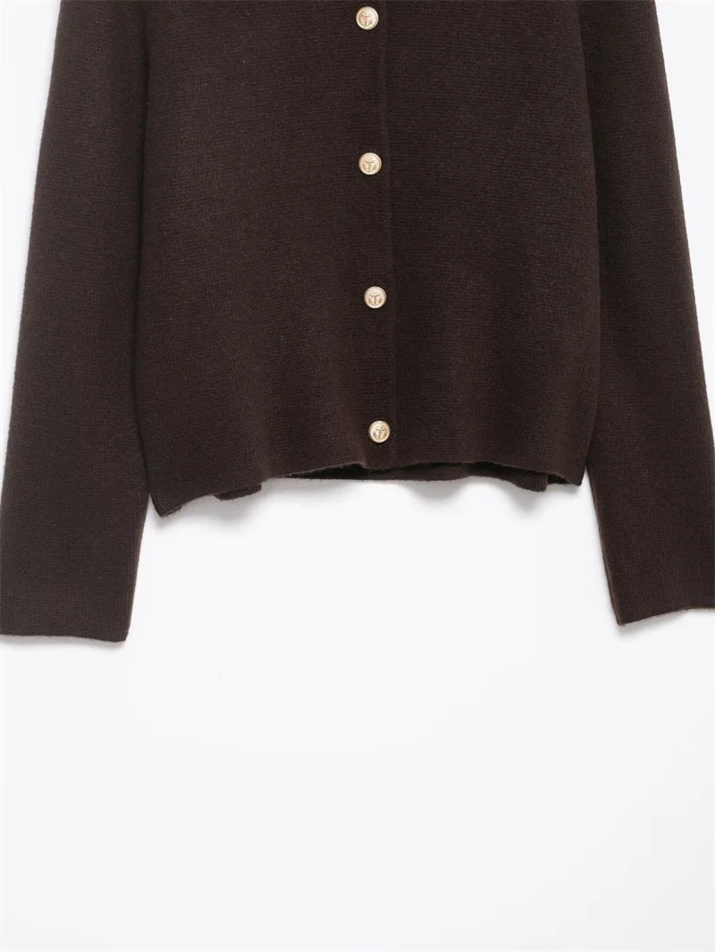 Women's Jacket 2025 Autumn New Style Dark Brown Long-Sleeve Faux Fur Collar Knit Cardigan Jacket Stylish and Elegant