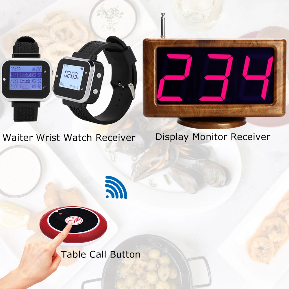 JINGLE BELLS Wireless Restaurant Calling Paging System Pager 2 Waiter Watch Buzzers 20 Service Table Buttons 1 Display Receiver