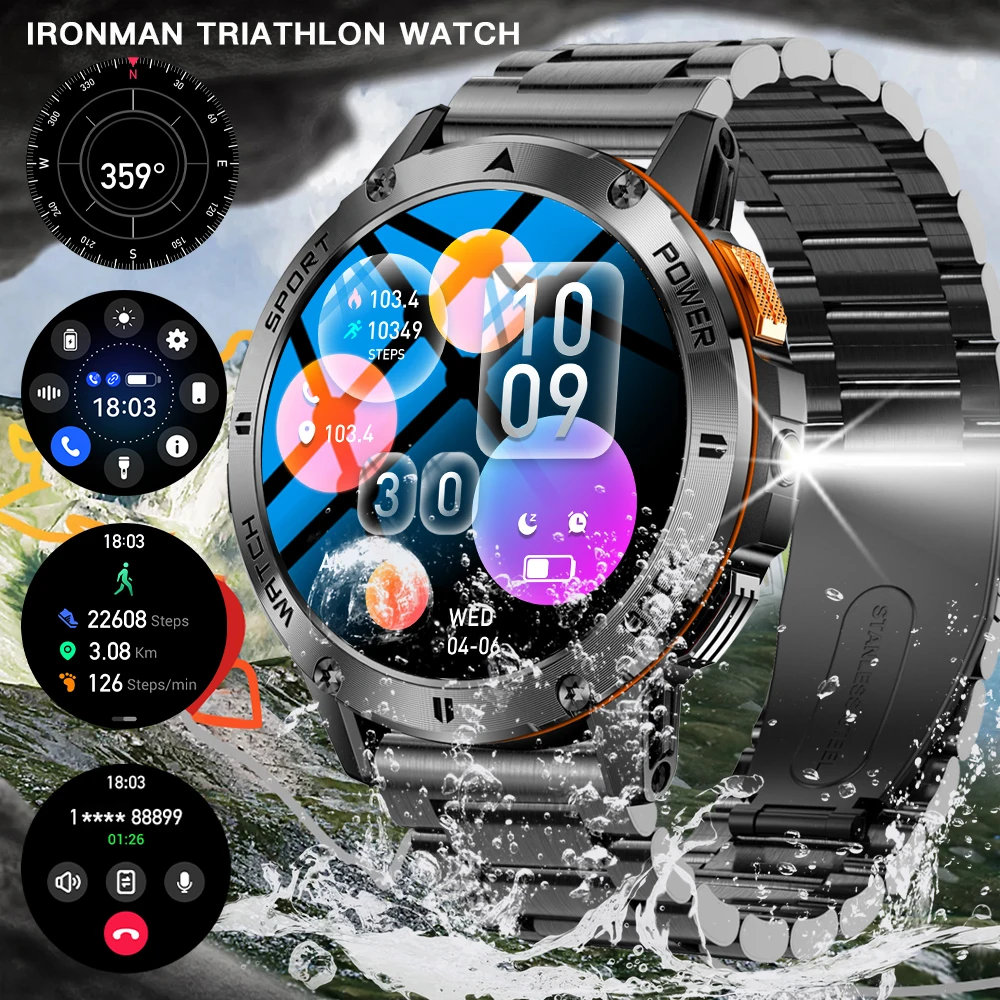 

DAORKOW Новые светодиодные фонарики Смарт-часы для мужчин 1,53-дюймовый AMOLED HD-дисплей Компас Водонепроницаемые спортивные фитнес-умные часы с беспроводным вызовом для мужчин