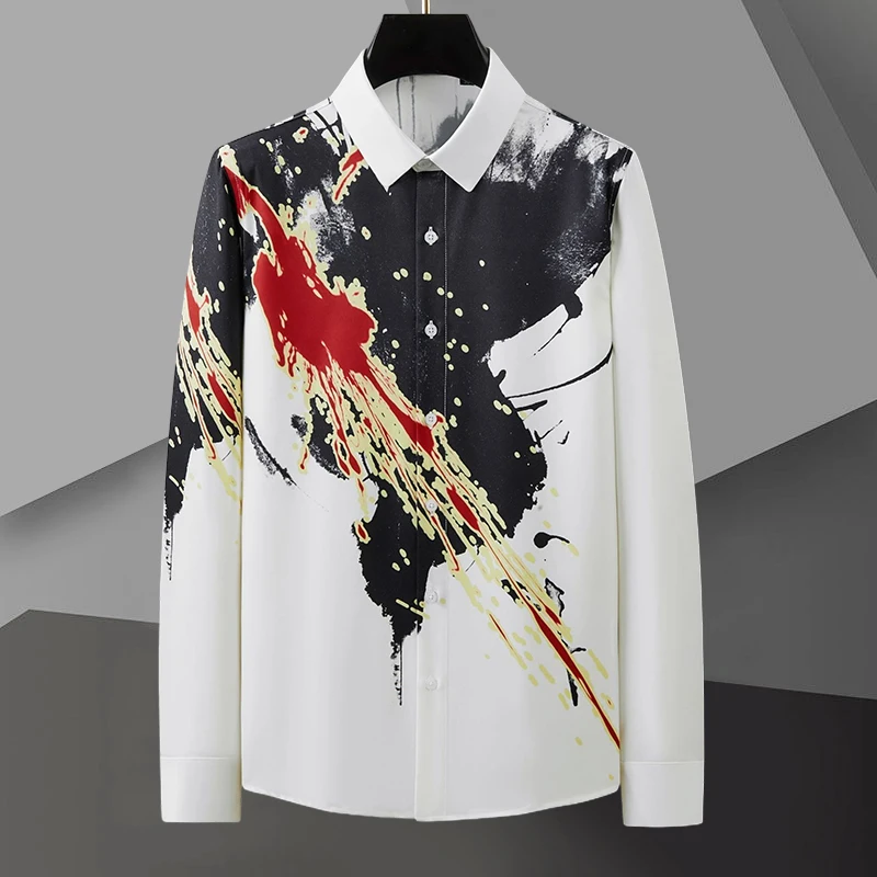 Spring Abstract Contrasting Colors Print Men Shirt Long Sleeve Casual Shirt Camisa Hombre Social Party Shirts For Men Streetwear