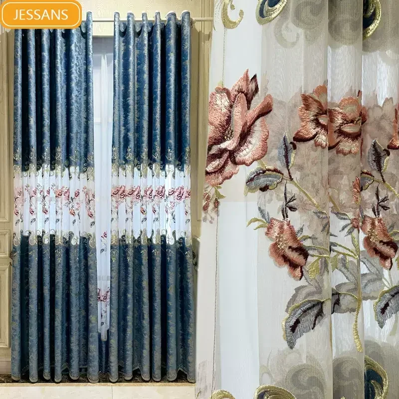 Customized Blue Hollowed Out Embroidery Window Screen Gilded Flannelette Curtains for Living Room Balcony Bedroom French Window