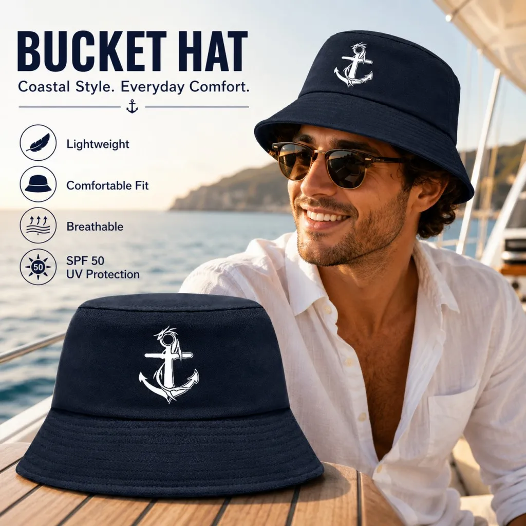 Anchor Print Bucket Hat] Retro Nautical Style Polyester Bucket Hat Light Foldable, Leisure Beach Travel Outdoor Activity Hat