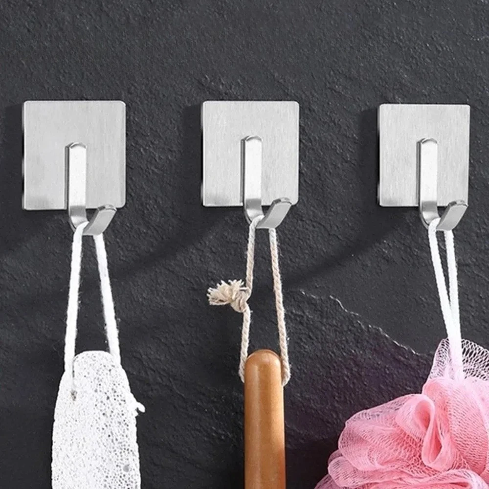 Stainless Steel Double Hook Self Adhesive Wall Mount No Drill for Kitchen Bathroom Waterproof Strong Hold Organization