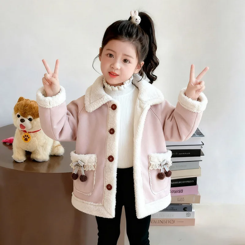 

Autumn Children Girls Fleece Jackets Turn Down Collar Infant Babys Girls Outerwear Thicken Warm Cartoon Pockets Kids Girls Coat
