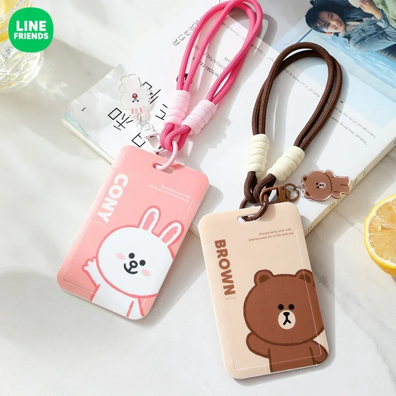 Line Friends Brown Bus Meal Card Holder Cony Kindergarten Lanyard School Badge Anime Access Control Work ID Card Holder Keychain