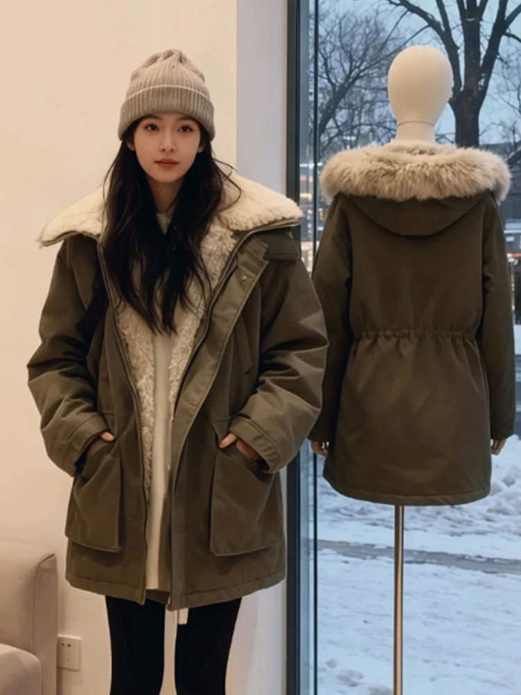 

Lamb Fur Parka Coat Women's Thiened Winter New Sle Cotton Workwear Jaet Slimming ort Size Outerwear Casual Commute