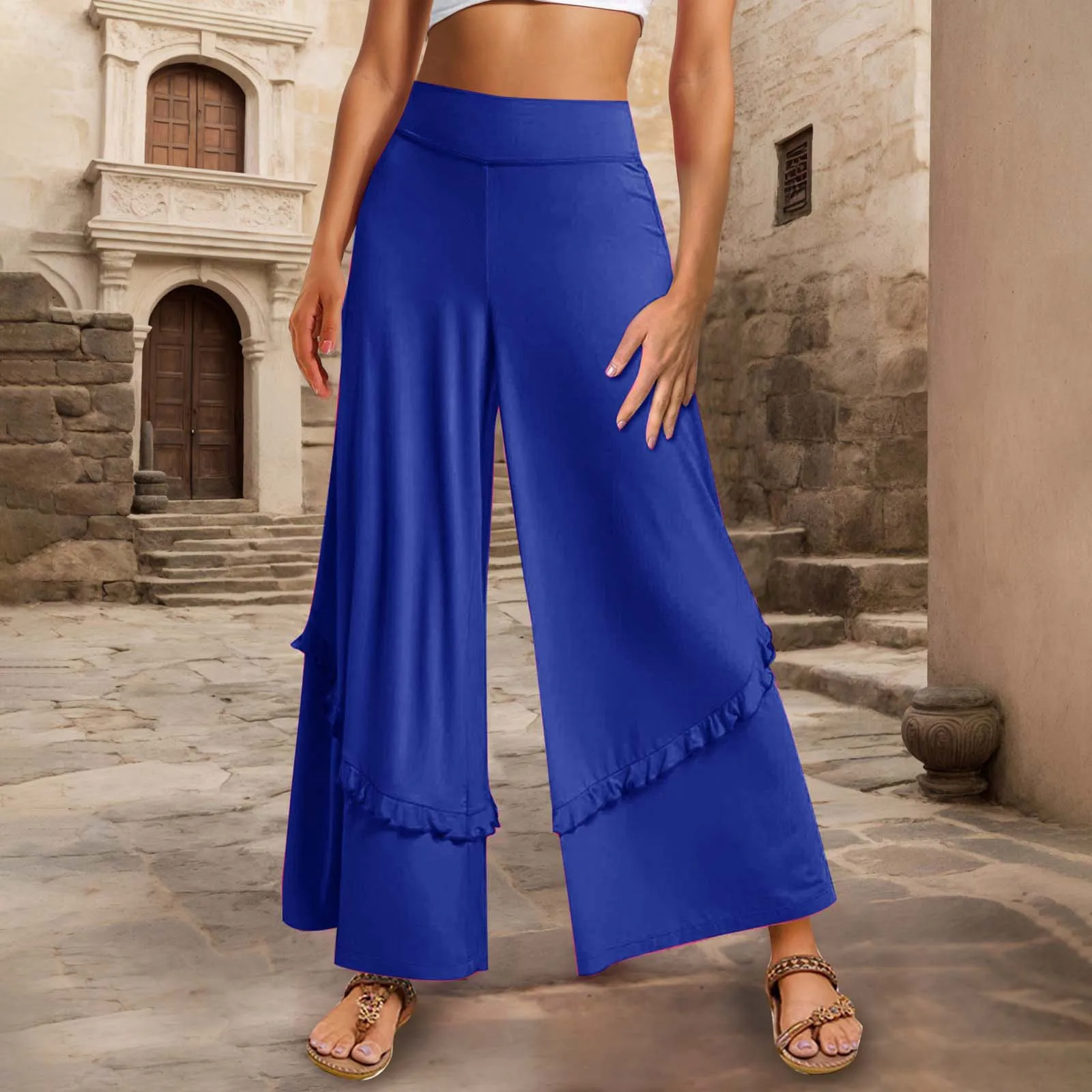 

Women Plus Size Wide Leg Pants Loose Fitness Loose Yoga Split Trousers Female Elastic Wasit Casual Workout Solid Summer Clothing