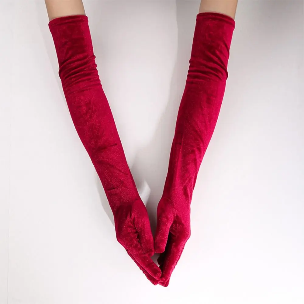

Элегантные бархатные длинные перчатки 53 см, женские пушистые перчатки с полными пальцами, удобные однотонные перчатки для торжественных случаев, свадебные аксессуары