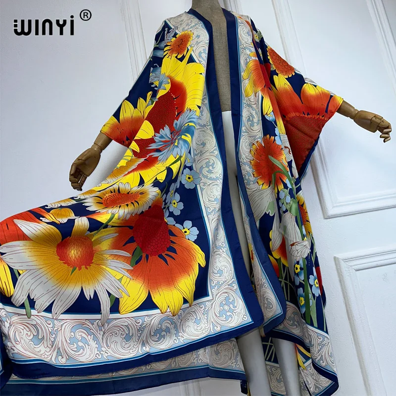 WINYI-Cardigan Kimono Imprimé Bohème pour Femme, Tenues de Plage Maxi Élégantes et Sexy, Robes Caftan, Cover-up Valide en, Vêtements Africains, Manteau