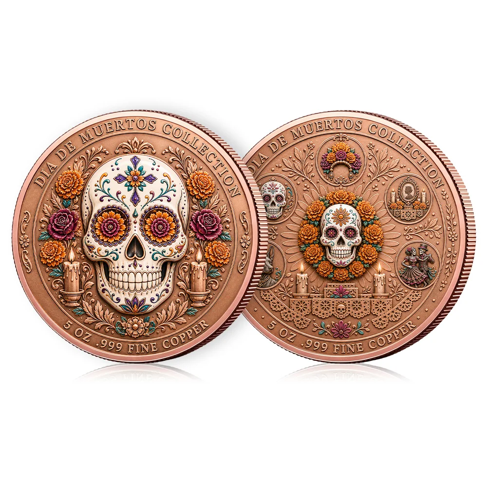 Dia De Muertos 5oz .999 Fine Copper Medal High Relief  Day of the Dead Marigold Art Collectible Ornament Holiday Souvenir Gift