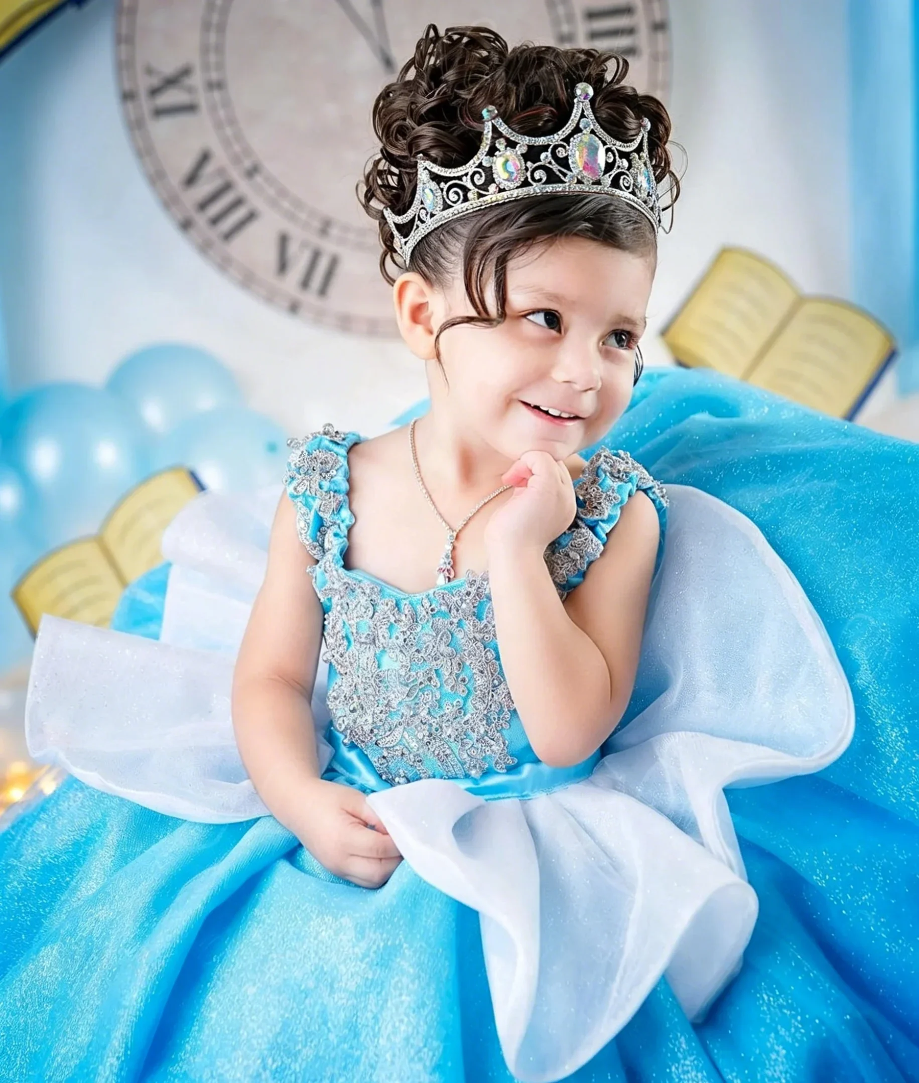 Custom Luxury Dress FlowerGirl Wedding Pageant Cyan Glitter Lace Satin Kid Luxe Birthday Guest Evening Runway Show Ball Gown