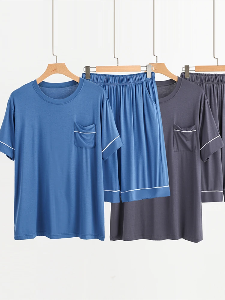 

Мужской комплект для дома из модала: летний тонкий костюм с круглым вырезом, свободный крой, две части, повседневная удобная ночная рубашка