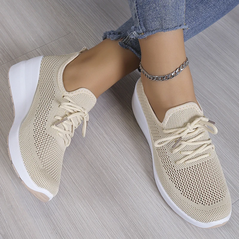 2024 Spring Breathable Wedge Sneakers Women Mesh Knitted Platform Sports Shoes Woman Casual Non-Slip Lace Up Tennis Shoes Ladies