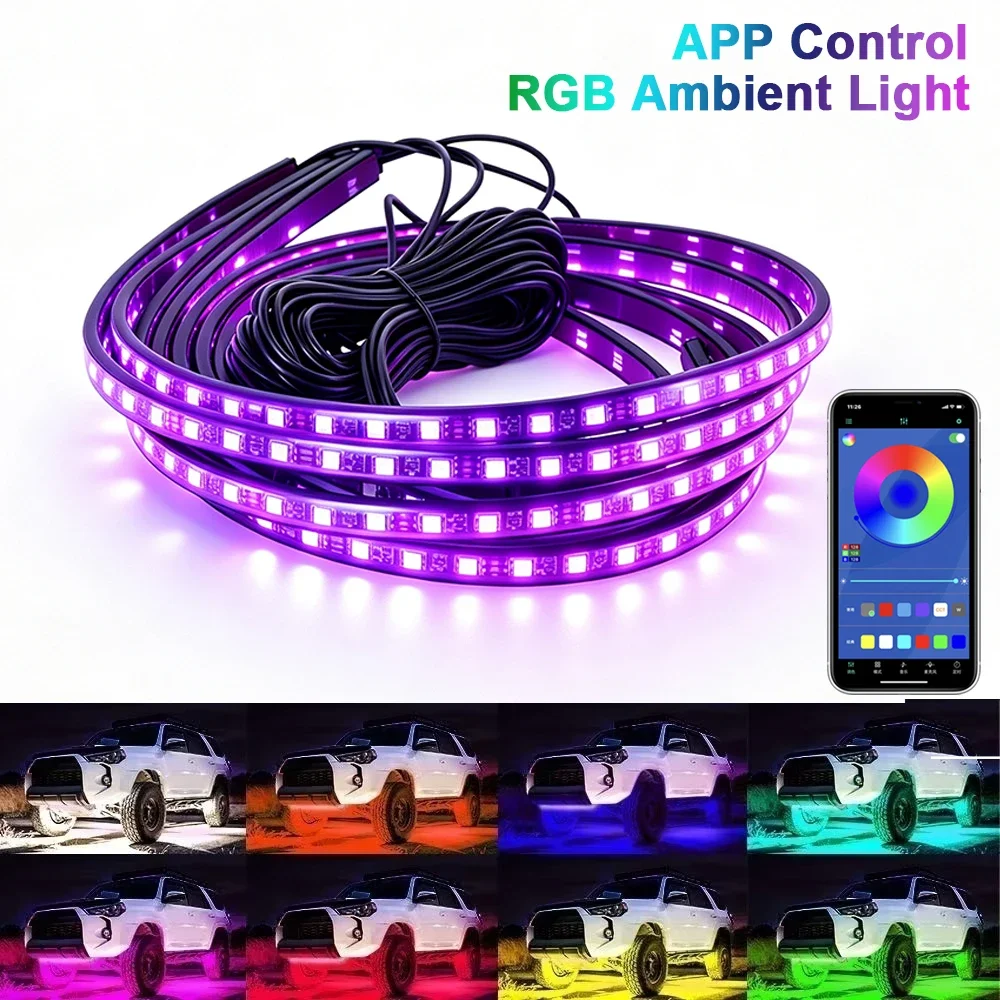 4 bandes lumineuses LED RGB pour éclairage intérieur de voiture, flexibles, étanches, lampe d'ambiance pour châssis, contrôle via application, éclairage à couleurs changeantes pour SUV et véhicules tout-terrain.