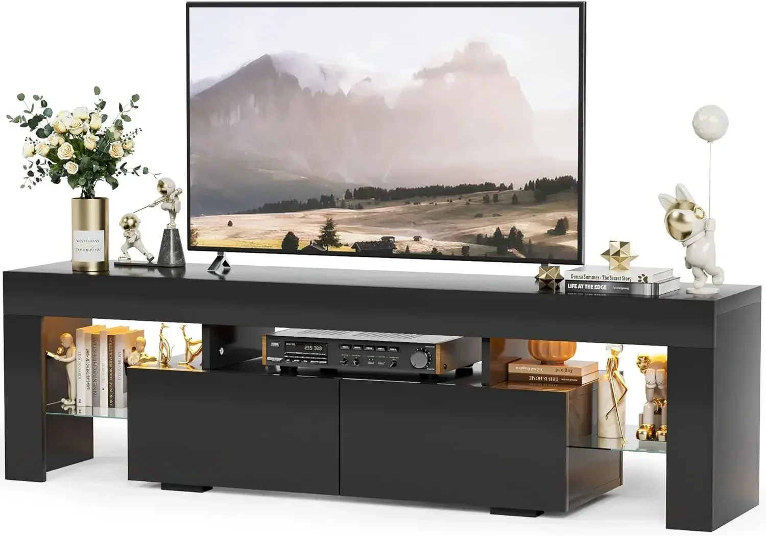 Modern Black LED TV Stand for Televisions up to 70 Inch with Glass Shelves and Drawer, Gaming Entertainment Center with Multiple