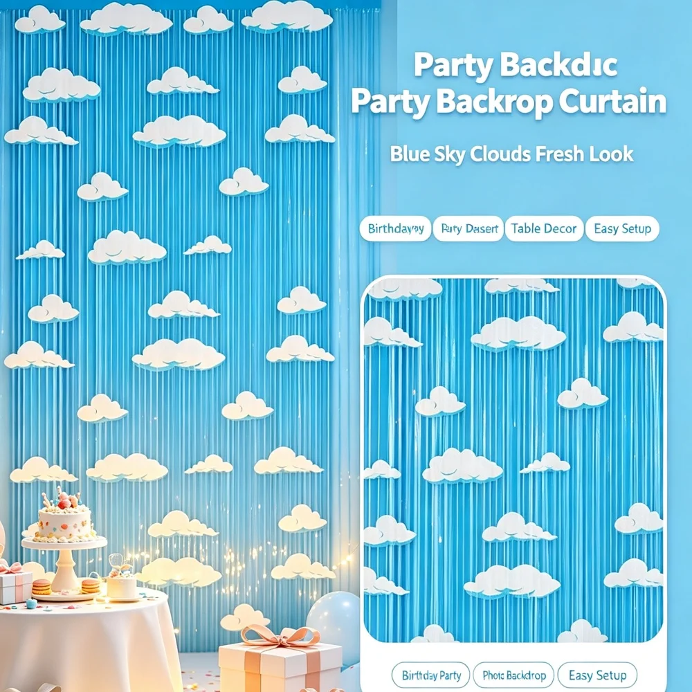 1/2/3/5/8 Stück Blauer Himmel Folien-Fransenvorhang, Weiße Wolken Hintergrunddekoration für Spielzeug-Geburtstag Cartoon-Story Party Dekorationen Zubehör – Detail 4