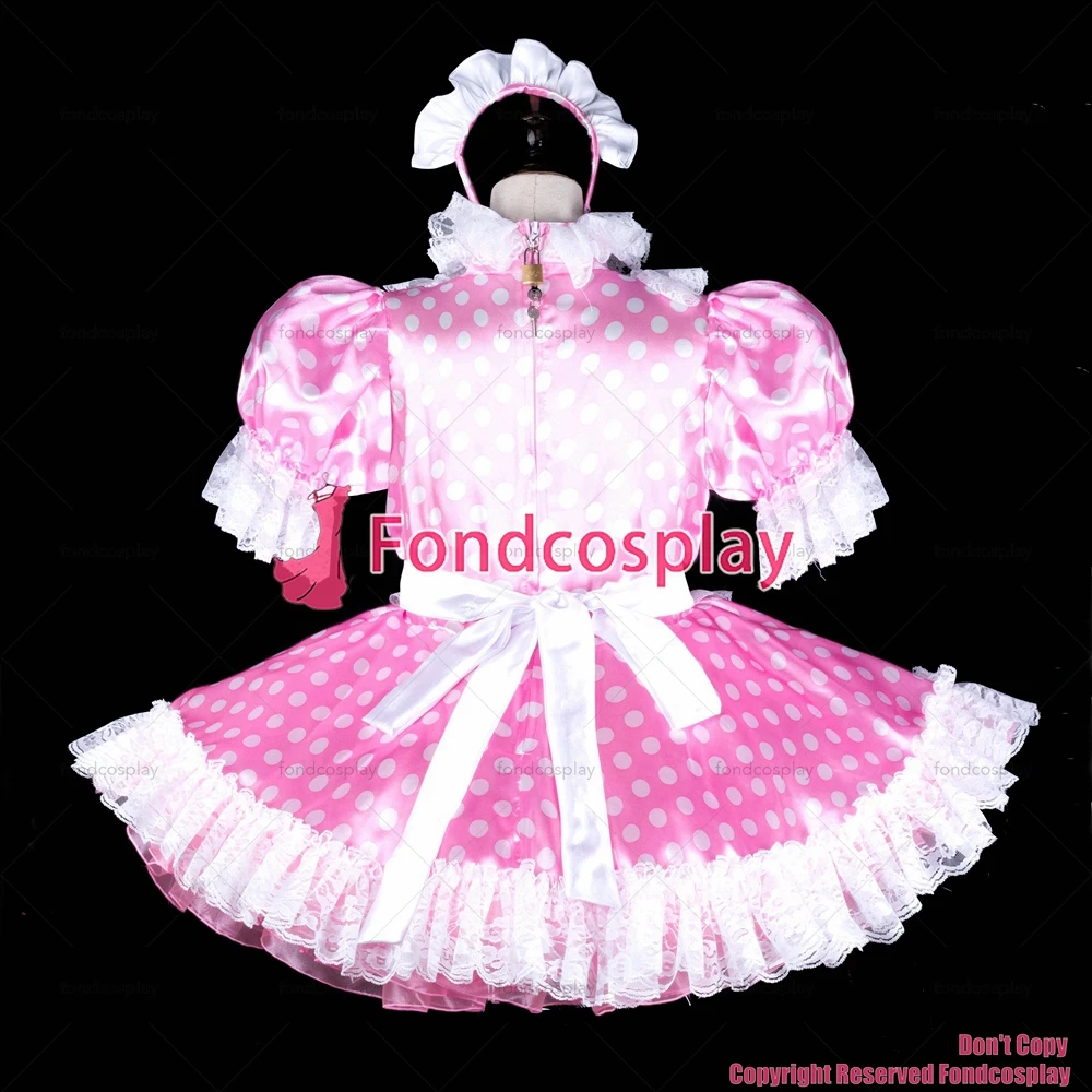 Fondcosplay adulto sexy vestido cruzado sissy maid bebé rosa puntos vestido de satén delantal blanco con cerradura uniforme CD/TV [G2318]