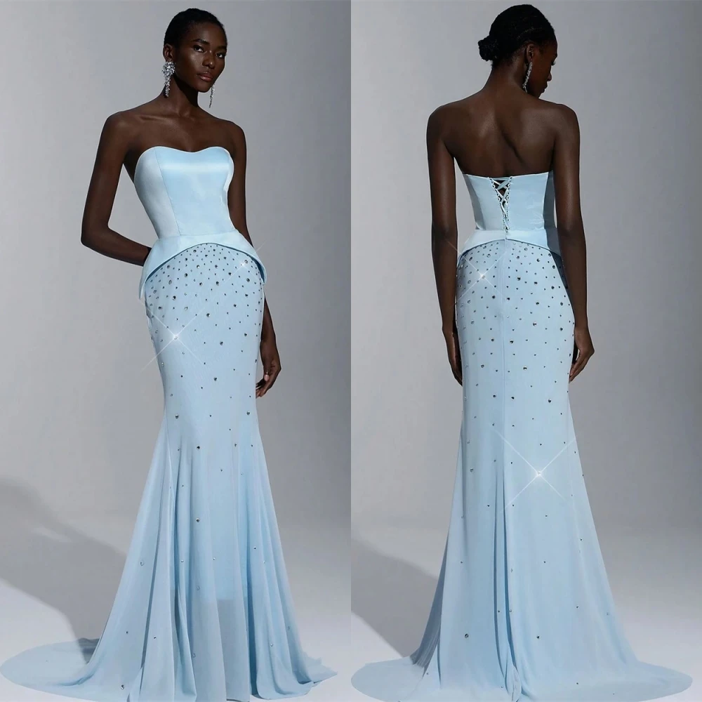 Customized Elegant Chiffon Strapless Evening Dress Delicate Crystal Prom Dresses Temperament Mermaid Special Occasion Gowns
