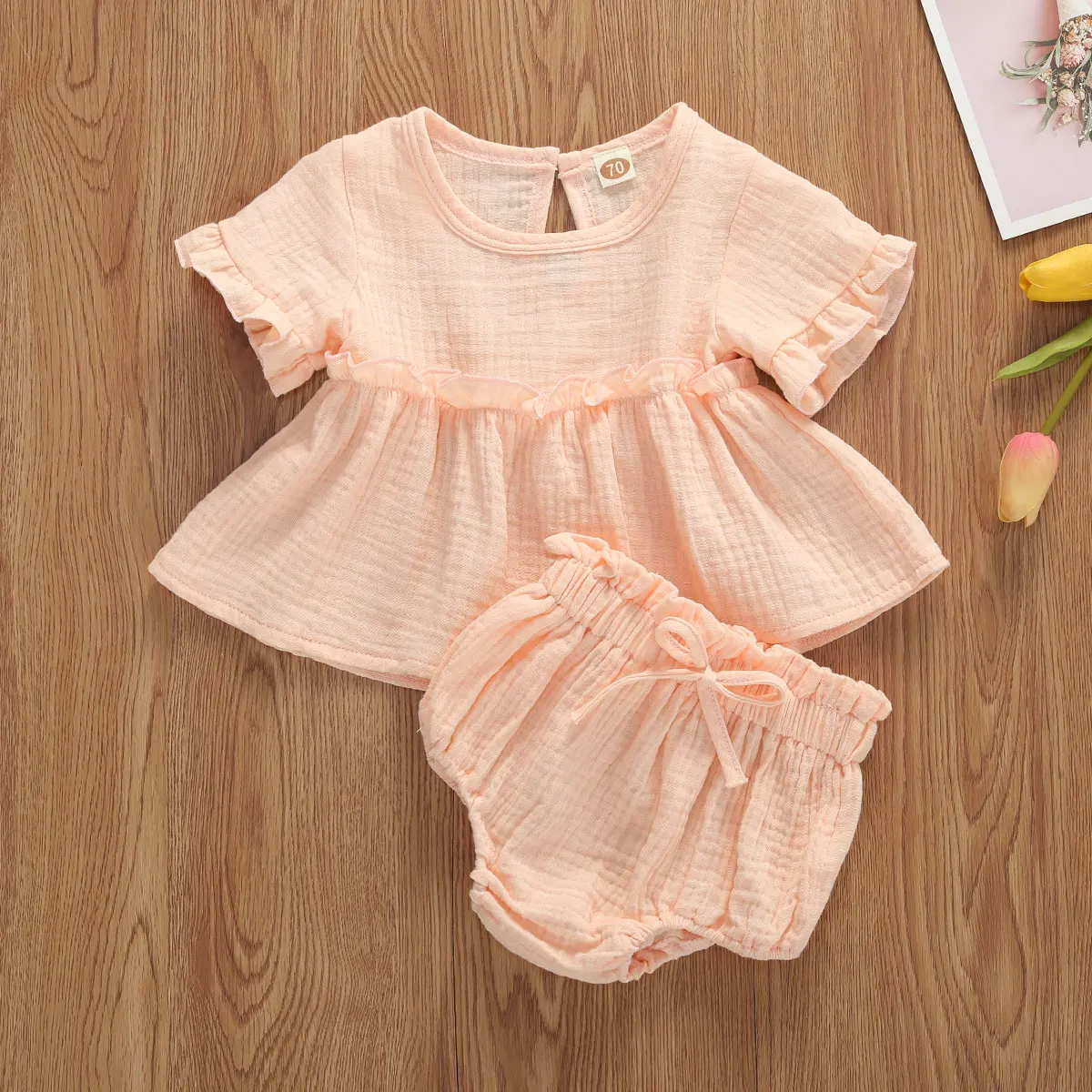 Lovely Cute Baby Girls Clothes Sets 0-24M Solid Hollow Out Ruffles Long Sleeve Pleated Dress Shorts Bloomers Cotton Outfits