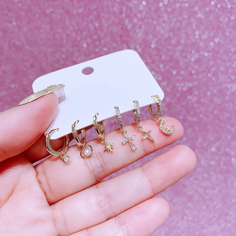 MIGGA 6pcs Cubic Zircon Saturn Moon Star Dangle Earrings Set Gold Plated Women Huggie Earrings Jewelry image 5