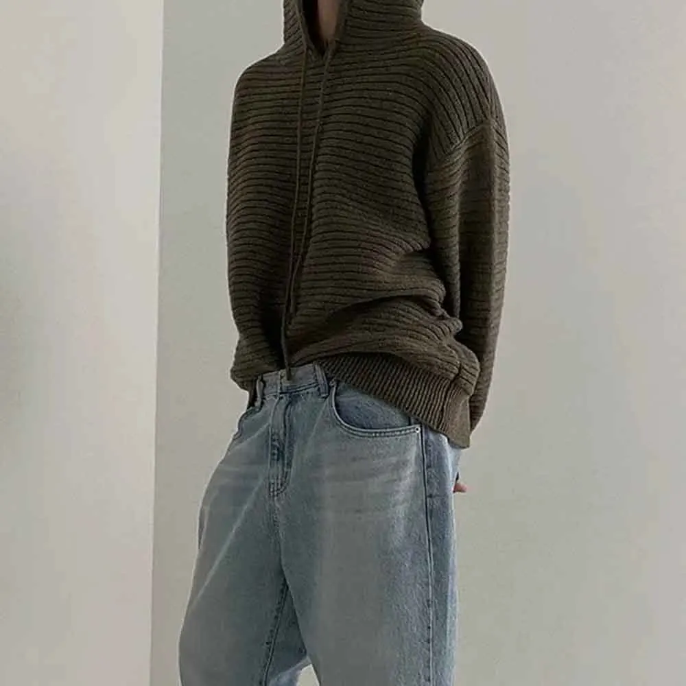 秋メンズ無地長袖フード付きニットセーターアメリカンレトロファッショントレンディカジュアルシンプルルーズメンズトップス2025