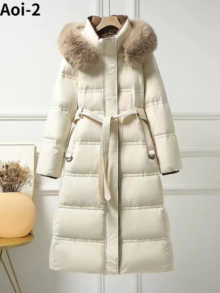 Gola de pele de raposa para baixo jaqueta feminina inverno nova alta qualidade cintura magro-ajuste engrossado tamanho grande moda pato branco puffer casaco