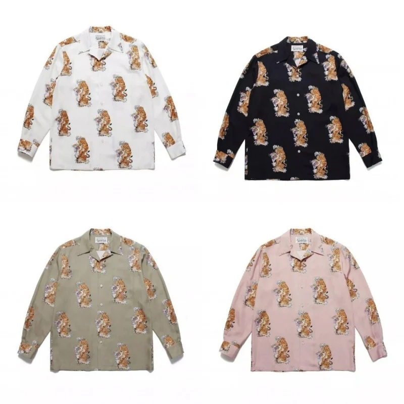 Autumn Winter Multicolour WACKO MARIA Tiger Digital Print Mens Womens Classic Hawaii Long Sleeve Shirt Loose Casual Brand Shirt