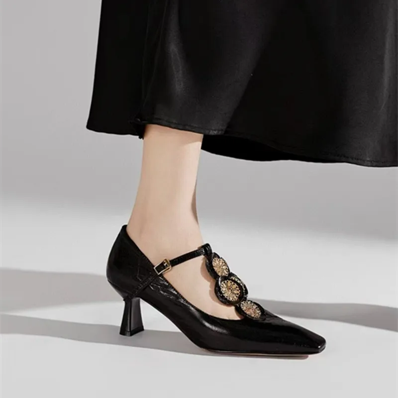 

2025 new leather high-heeled T-shaped shoes with French thong for women, small square toe Mary Jane single shoes for women