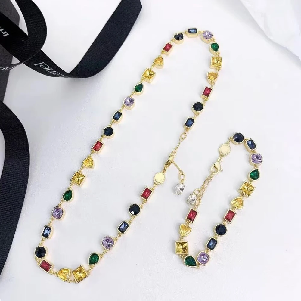 

Luxury Fashion Women's Jewelry Colored Gems Set Sterling Silver Necklace Bracelet Plated With 18K Rose Gold Banquet Party