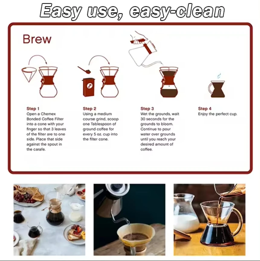 Chemex 커피 핸드 브루드 커피 유리 주전자, 드립 나무 칼라, 커피 브루 주전자, 커피 메이커, 400ml, 600ml, 800ml