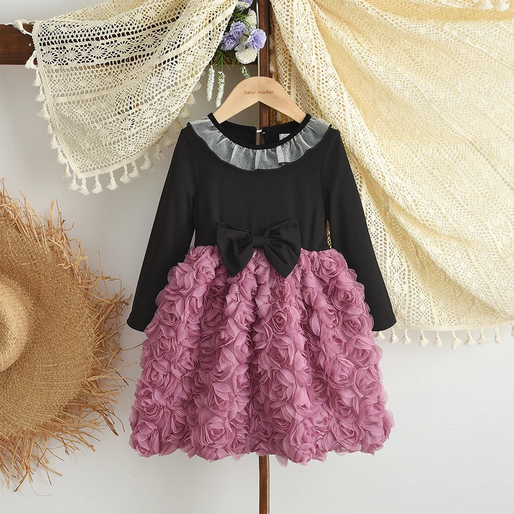 

Autumn New Color Blocked Girls Casual Dresses 3D Flower Splicing Long Sleeved Princess Dress Birthday Party Children's Clothing