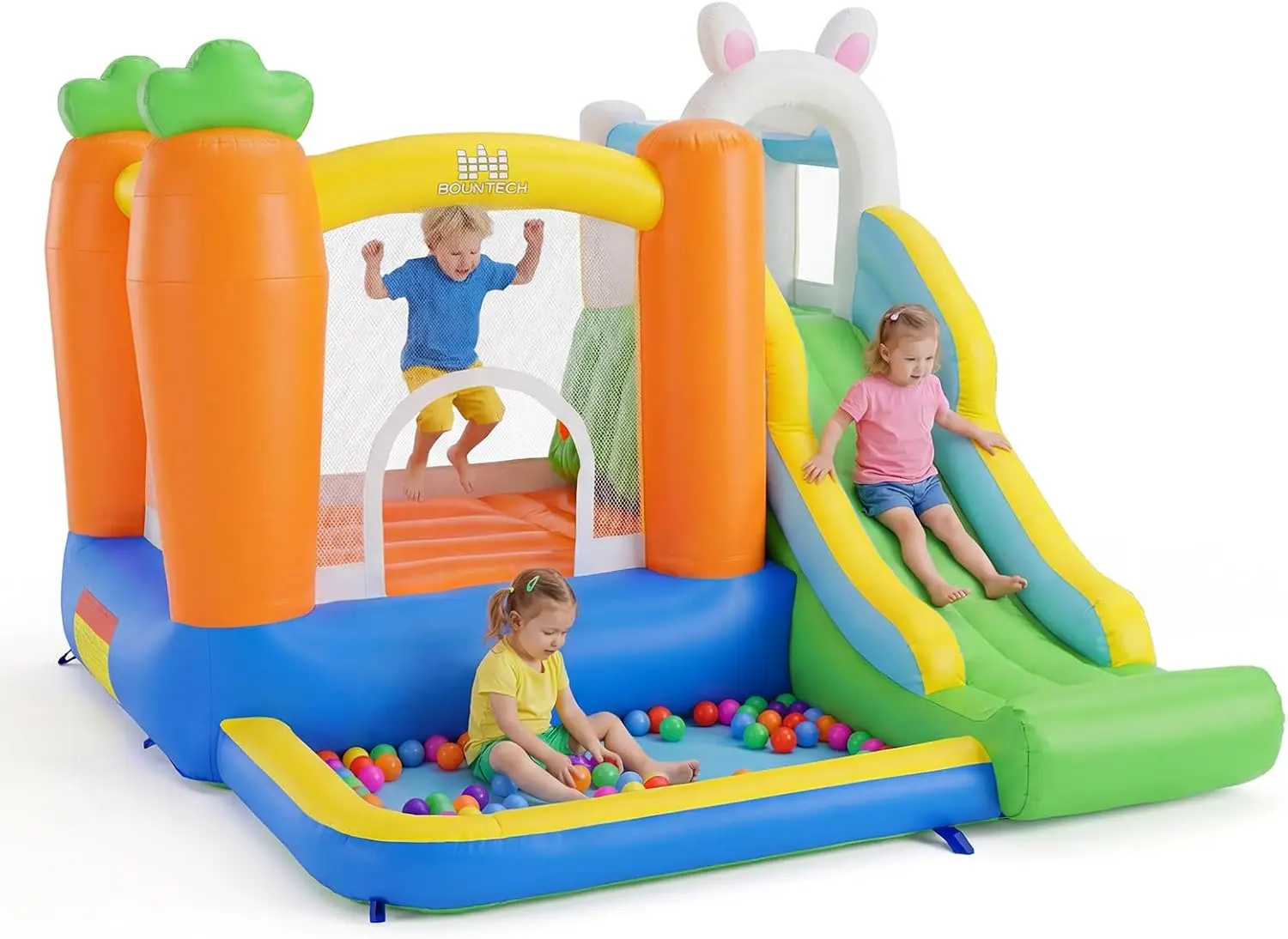 Castillo Inflable con Piscina de Pelotas y Tobogán, con Diseño de Conejo, para Niños de 3 a 12 Años, con Gran Área de Salto y Aro de Baloncesto, Regalo para Fiestas en Interiores, Exteriores y Jardín para Niños Pequeños