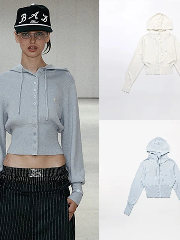 

American Sle Hot Girl Single Button Hooded Knitted Open Cardigan Women Casual Loose Waist Inward ort Coat Top